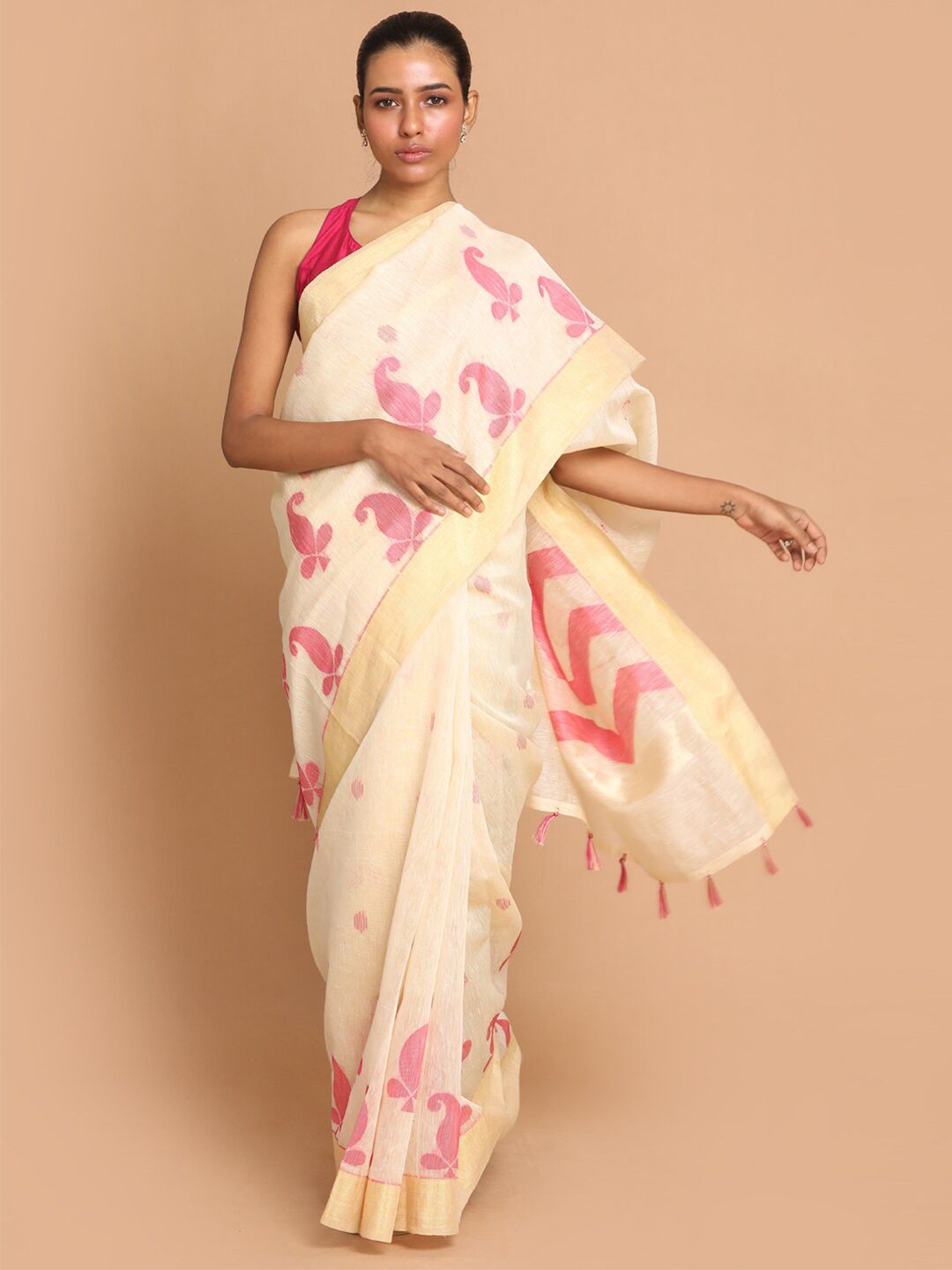 Indethnic Pink & Cream-Coloured Ethnic Motifs Zari Linen Blend Banarasi Saree Price in India