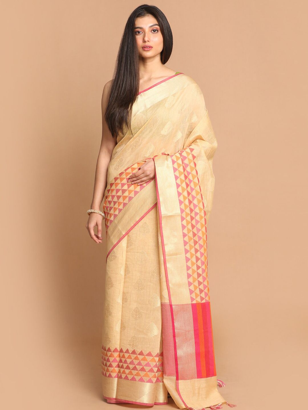 Indethnic Gold-Toned & Purple Woven Design Linen Blend Banarasi Saree Price in India