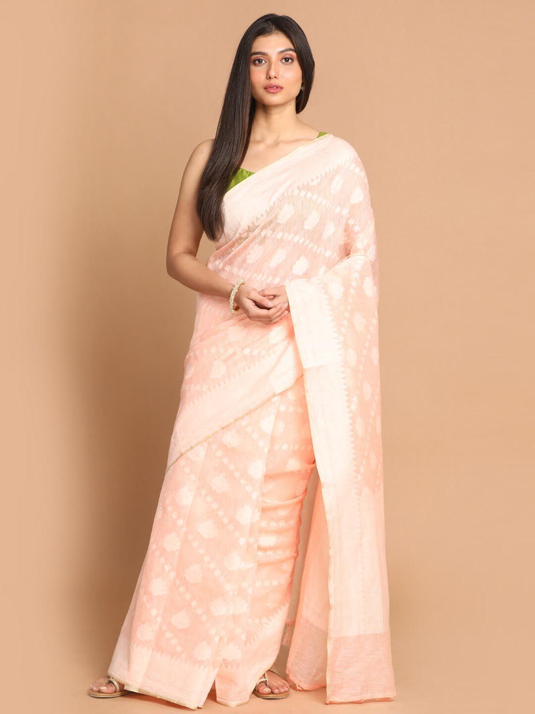 Indethnic Pink & Off White Ethnic Motifs Linen Blend Banarasi Saree Price in India