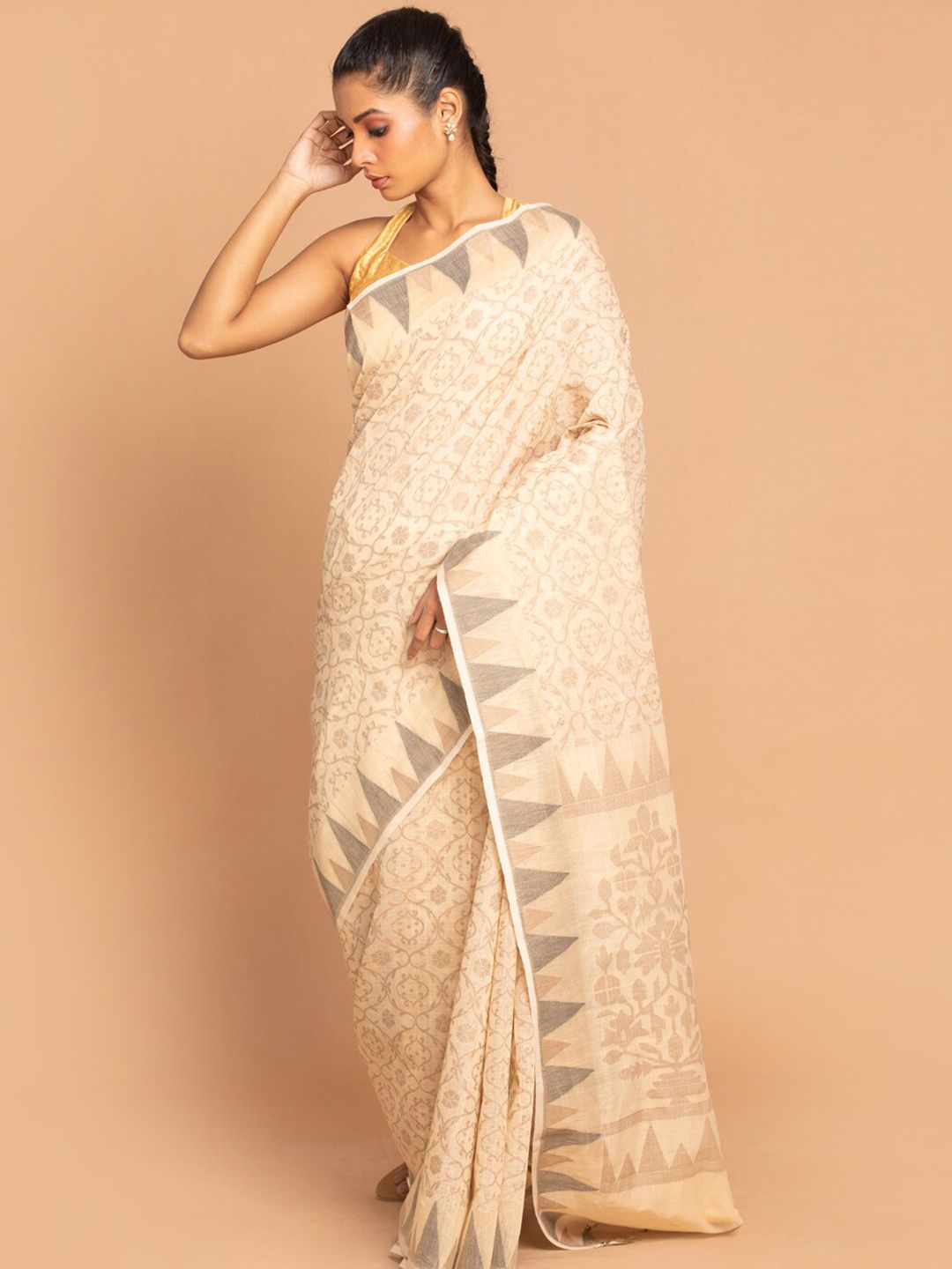 Indethnic Beige & Grey Ethnic Motifs Linen Blend Banarasi Saree Price in India