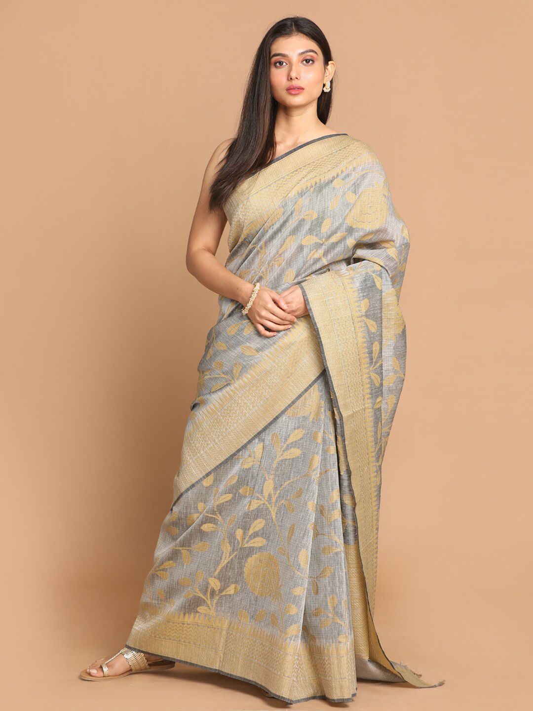 Indethnic Grey & Beige Floral Linen Blend Banarasi Saree Price in India