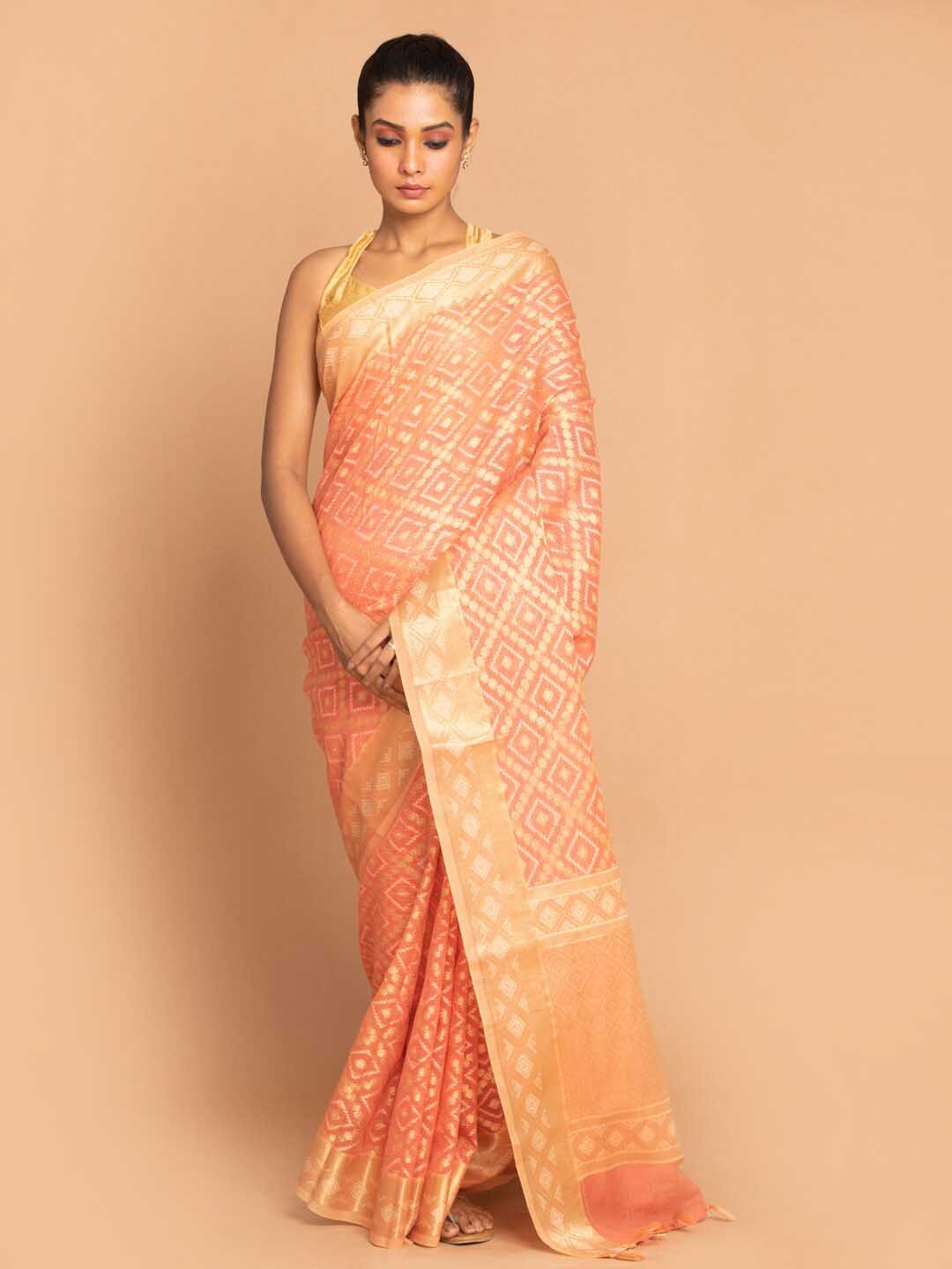 Indethnic Coral & Gold-Toned Woven Design Linen Blend Banarasi Saree Price in India