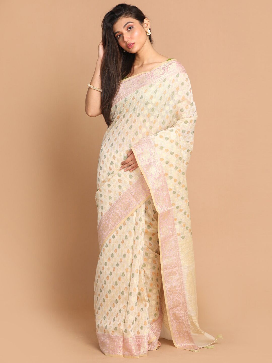 Indethnic Beige & Pink Floral Zari Linen Blend Banarasi Saree Price in India