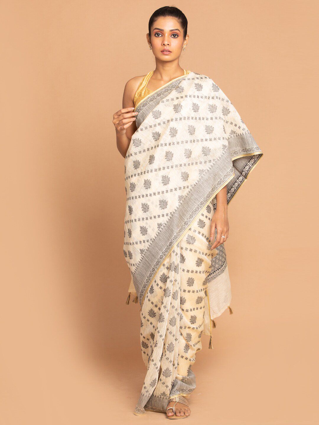 Indethnic Black & Off White Ethnic Motifs Linen Blend Banarasi Saree Price in India