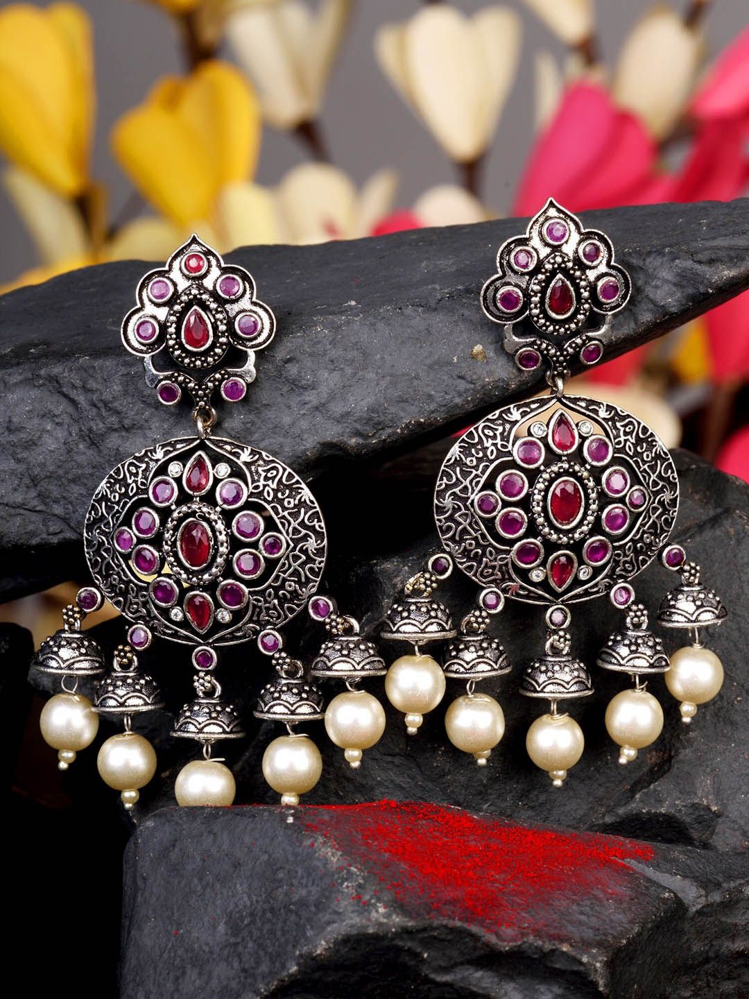 Saraf RS Jewellery Magenta & Silver-Toned Oxidised Floral Drop Earrings Price in India