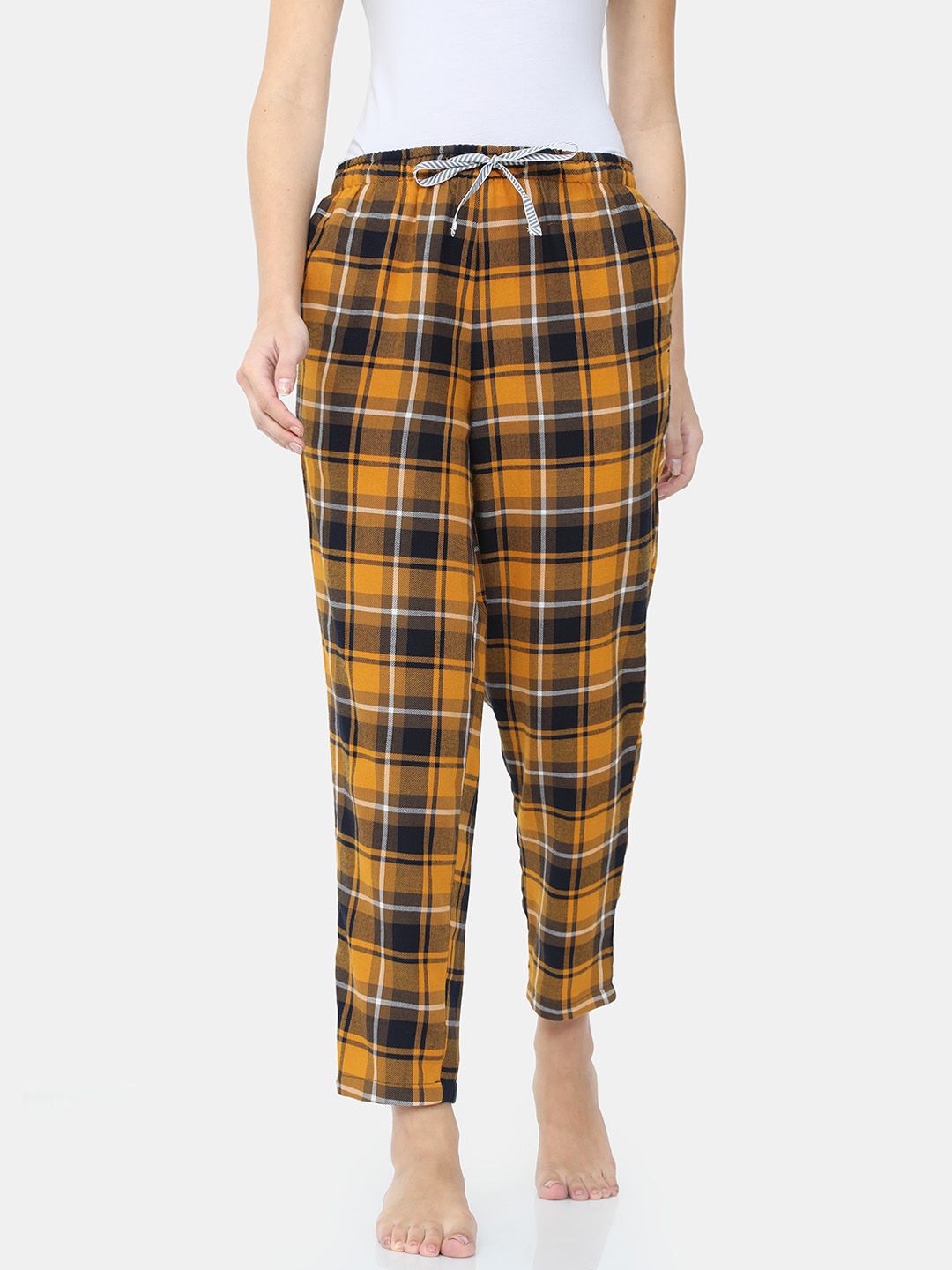 Bareblow Women Mustard-Yellow & Black Checked Cotton Lounge Pants Price in India