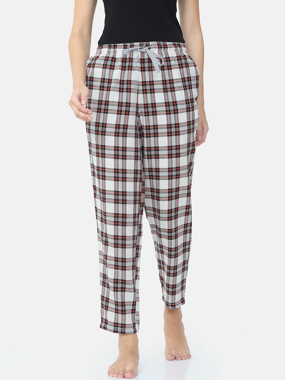 Bareblow Women White & Black Checked Cotton Lounge Pants Price in India