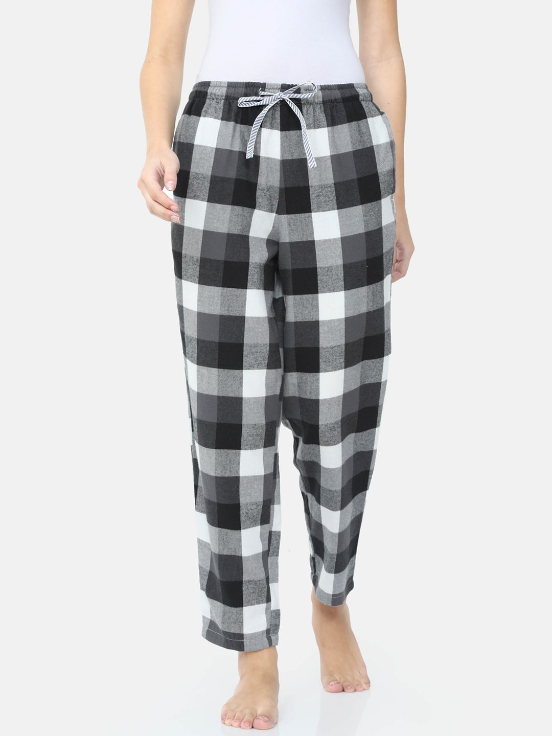 Bareblow Women Black & White Checked Cotton Lounge Pants Price in India