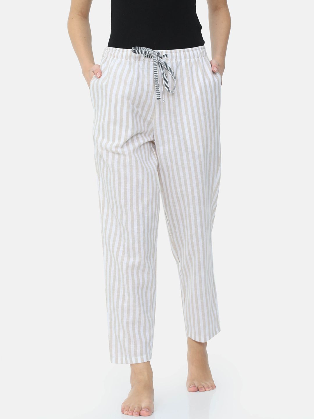 Bareblow Women Beige & White Striped Pure Cotton Lounge Pants Price in India