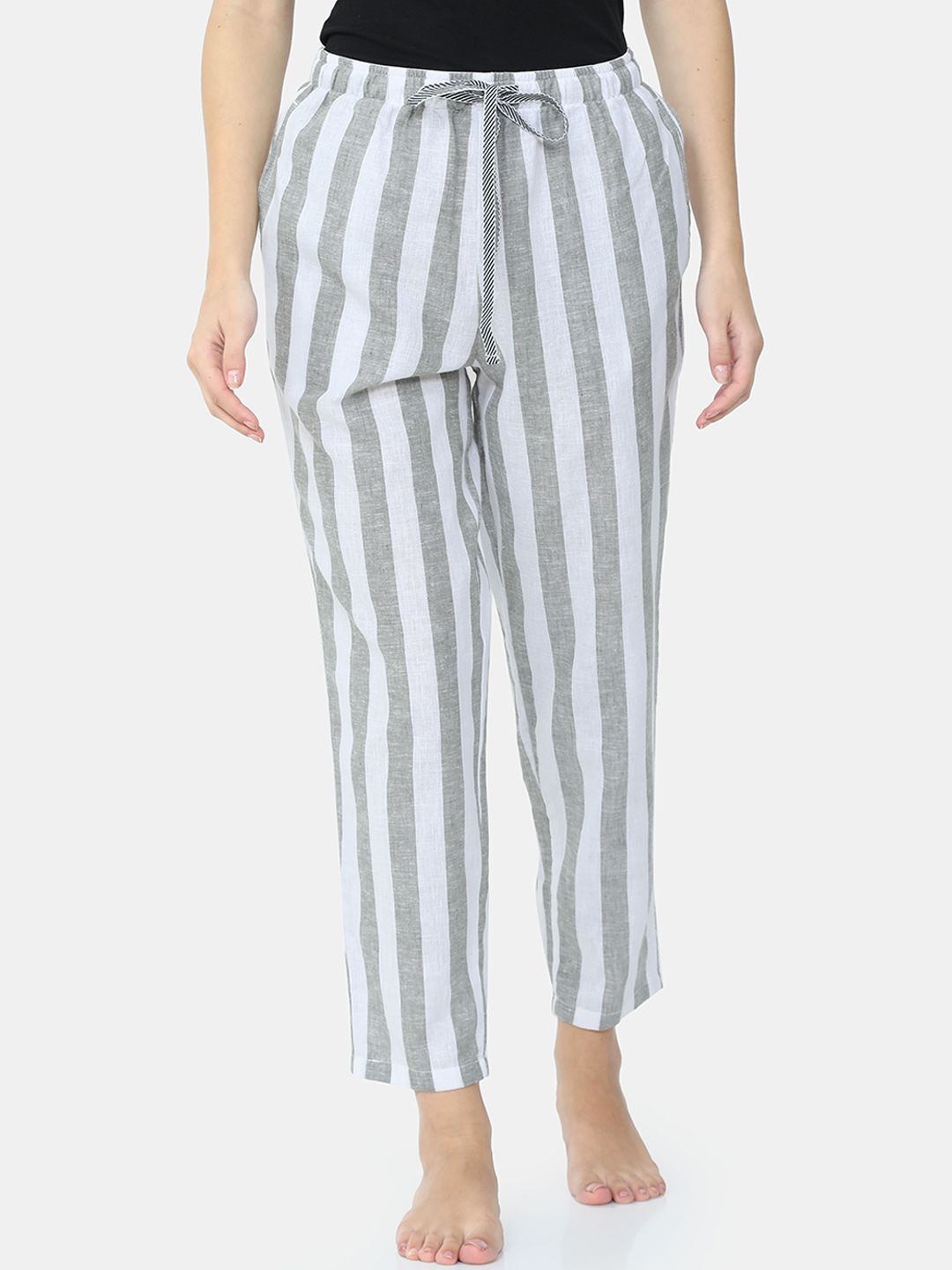 Bareblow Women White & Grey Striped Pure Cotton Lounge Pants Price in India