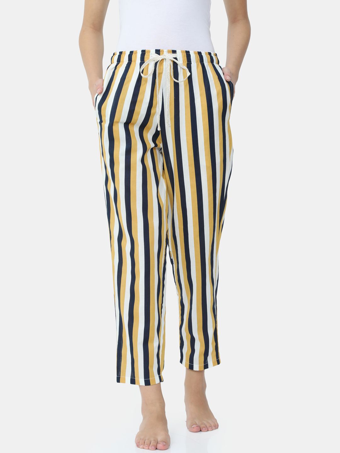 Bareblow Women Yellow & Black Striped Lounge Pants Price in India