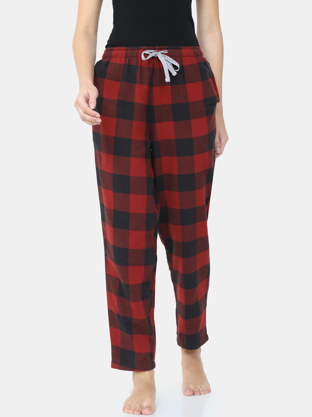 Bareblow Women Red & Black Checked Cotton Lounge Pants Price in India