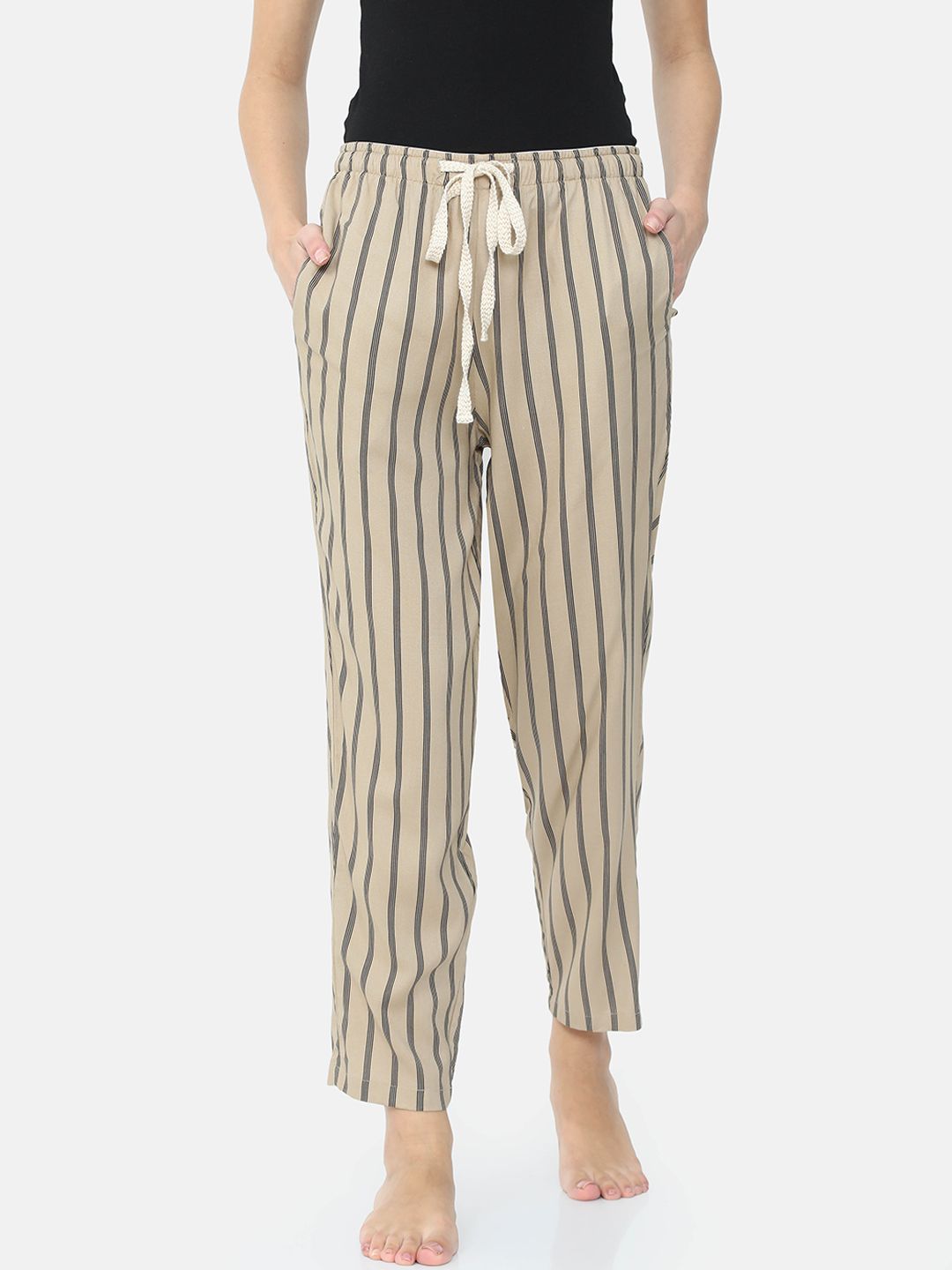 Bareblow Women Khaki & Black Striped Pure Cotton Lounge Pants Price in India