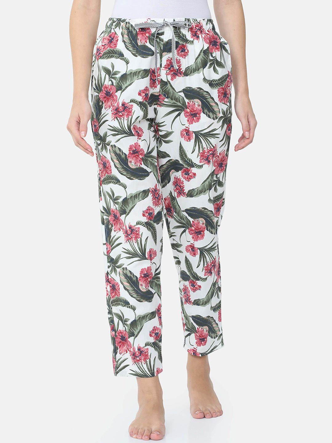 Bareblow Women White & Green Printed Cotton Lounge Pants Price in India