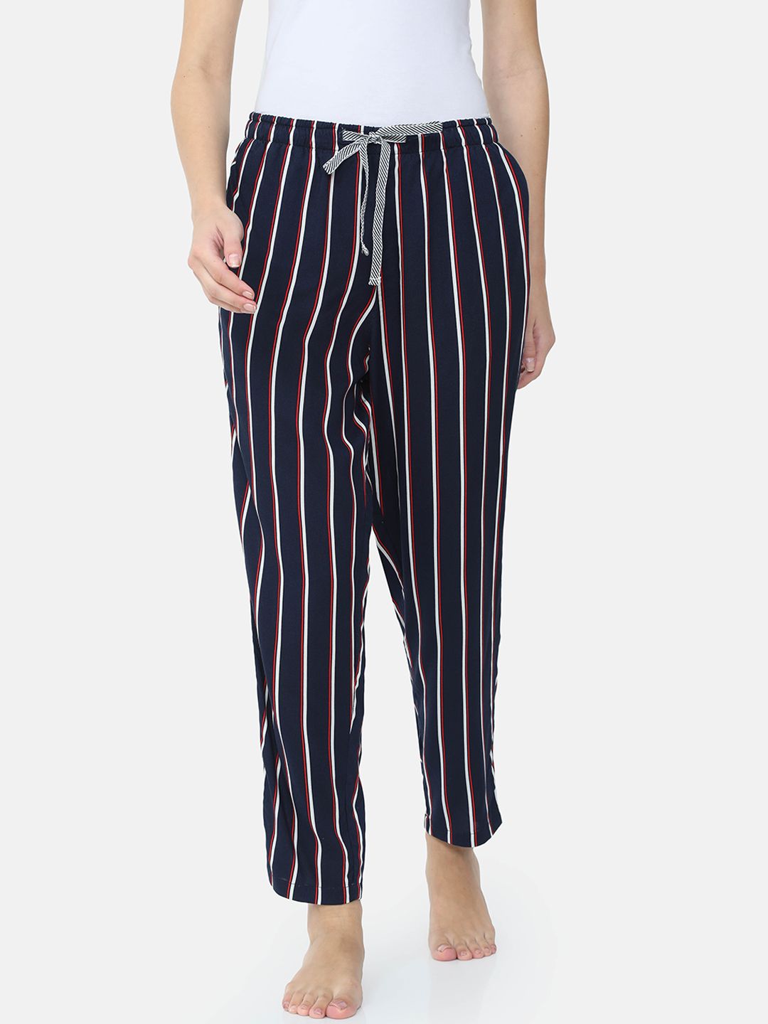 Bareblow Women Navy Blue & White Striped Cotton Lounge Pants Price in India