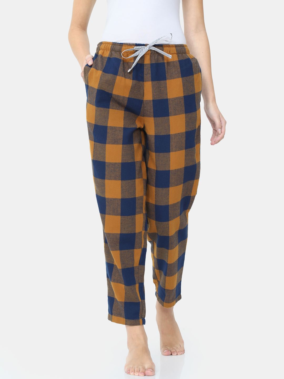 Bareblow Women Brown & Blue Checked Cotton Straight Lounge Pants Price in India