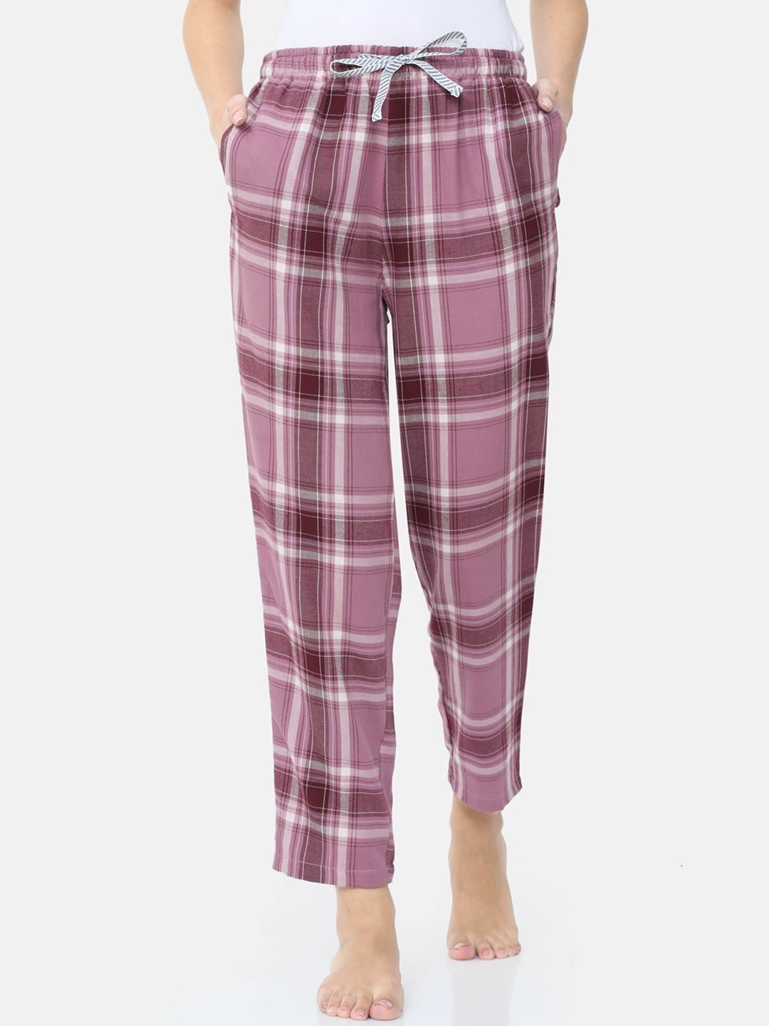 Bareblow Women Mauve & Maroon Checked Cotton Lounge Pants Price in India