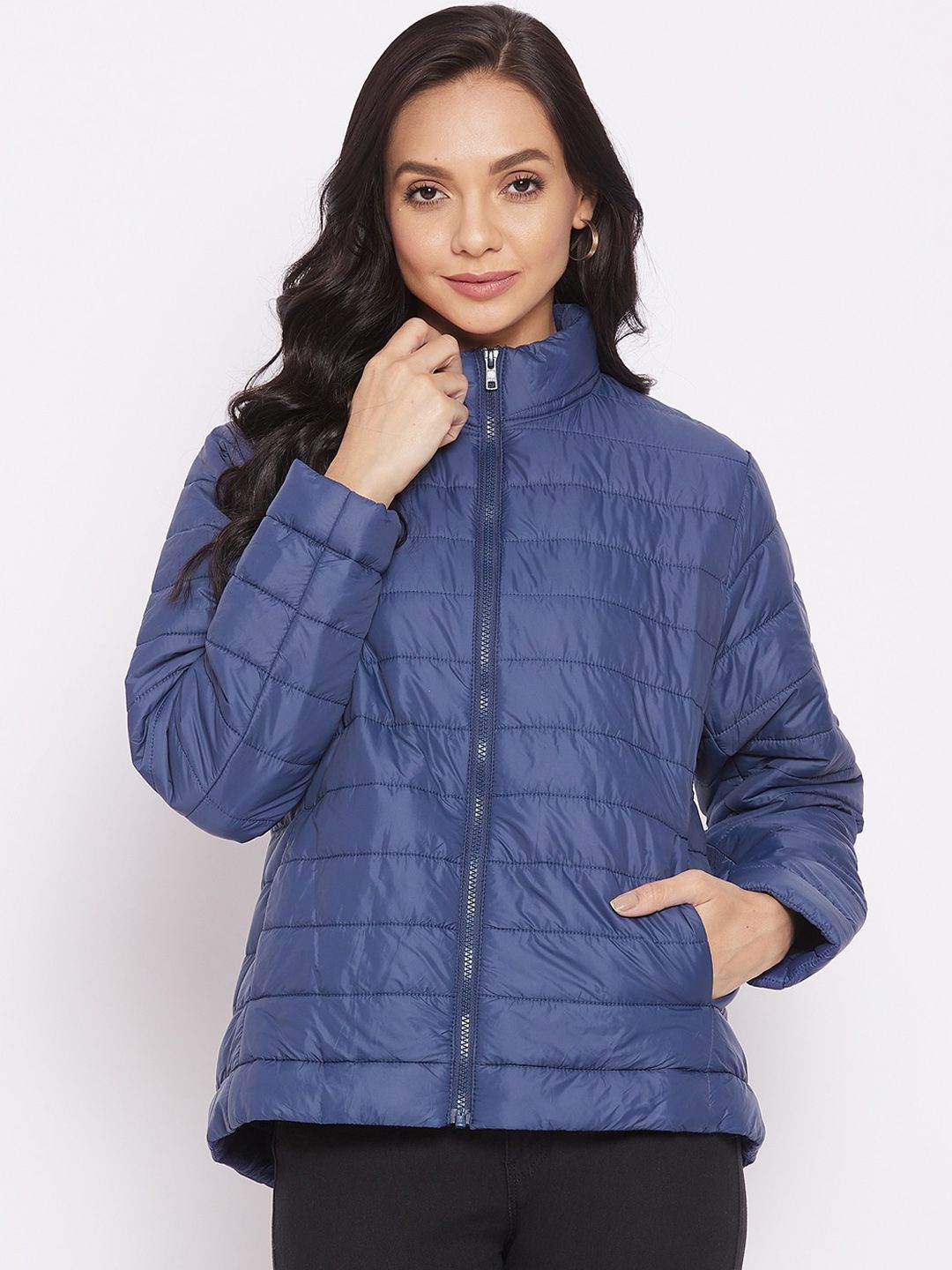 Cantabil Women Blue Quilted Jacket Price in India