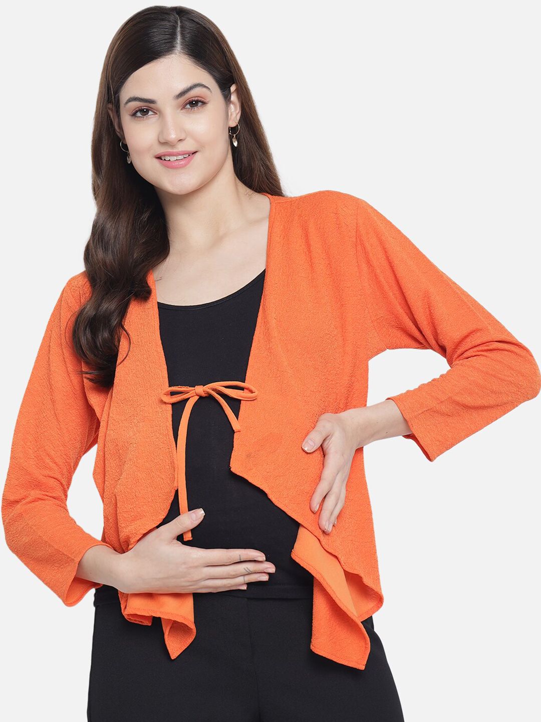 Aujjessa Women Orange Solid Open Front Maternity Shrug Price in India