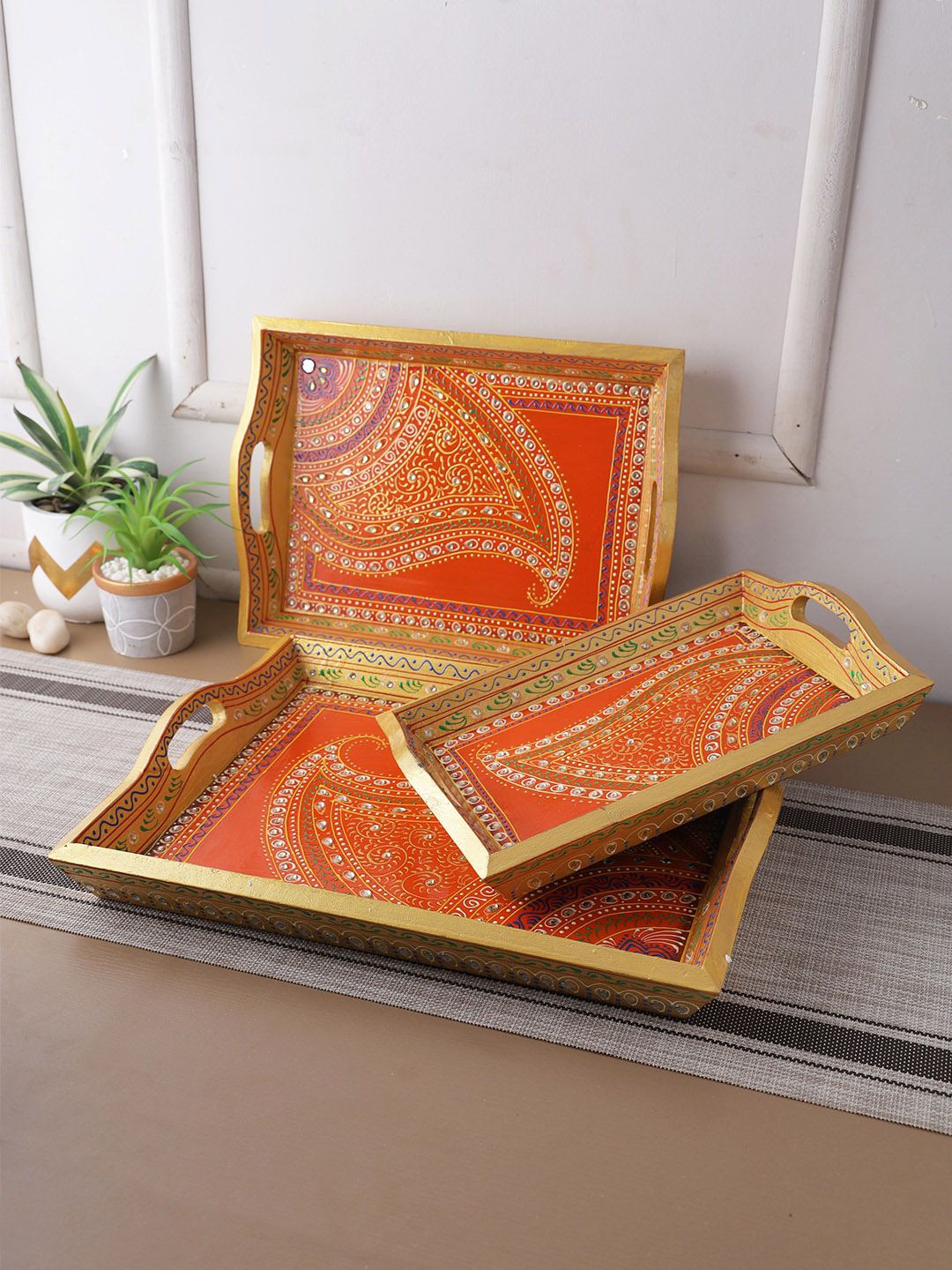 Aapno Rajasthan Set Of 3 Orange Printed Wooden Traditional Serving Trays Price in India