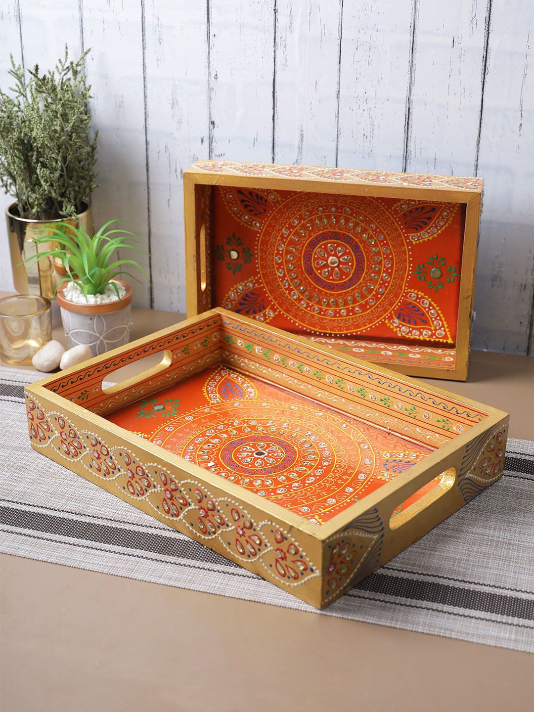 Aapno Rajasthan Set of 2 Orange & Brown Printed Wooden Serving Trays Price in India
