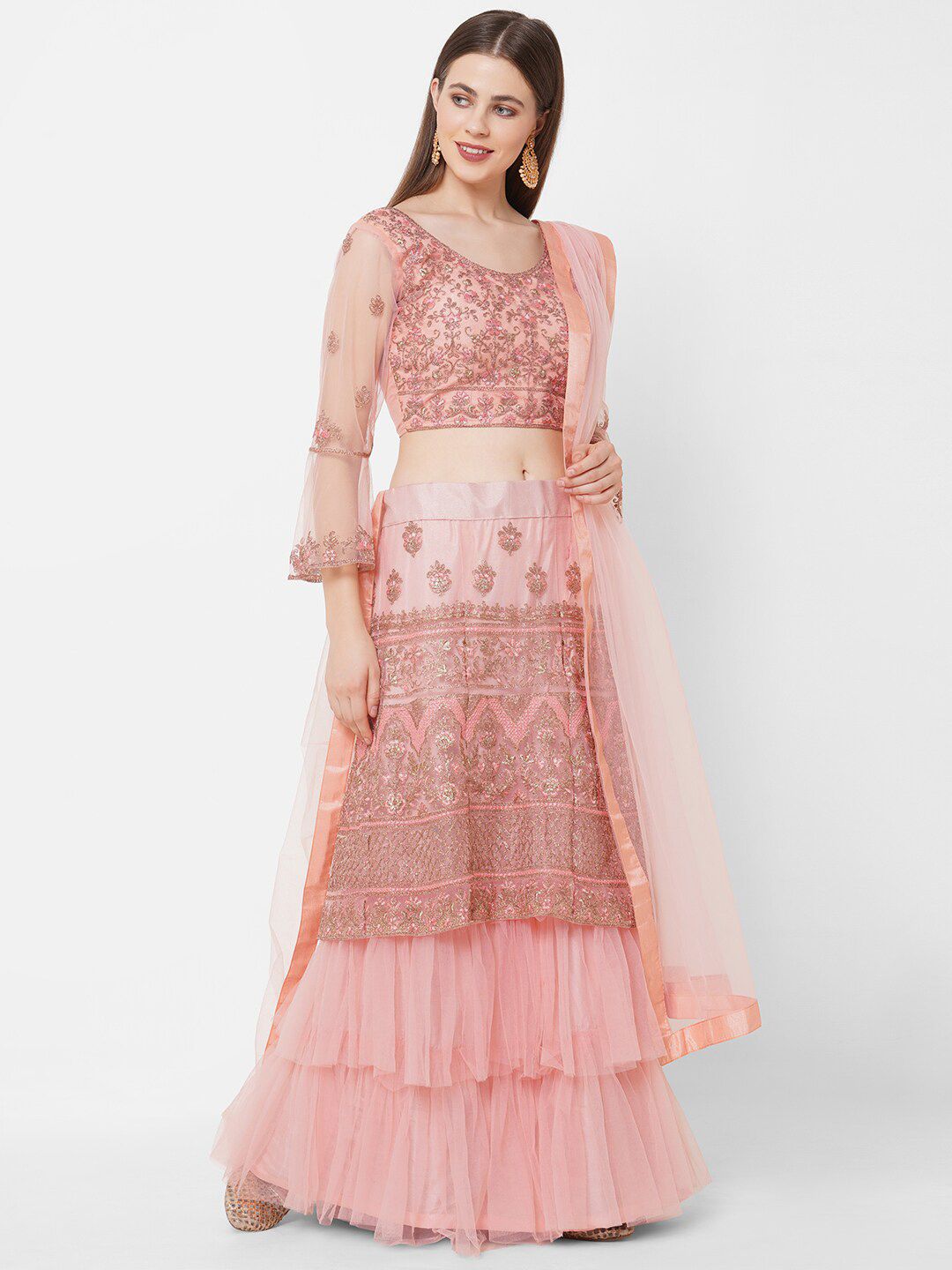 RedRound Pink Embroidered Semi-Stitched Lehenga & Unstitched Blouse With Dupatta Price in India