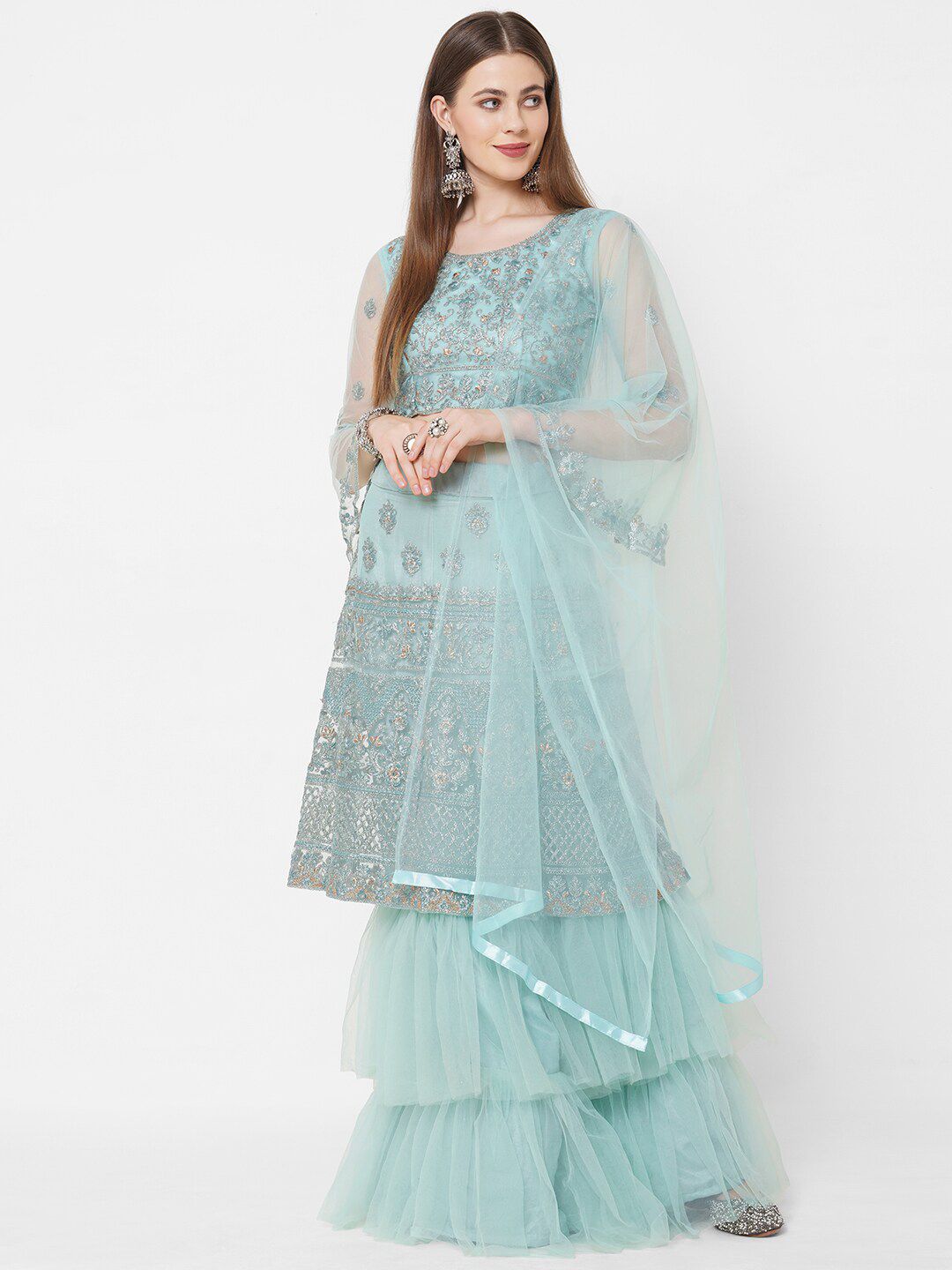 RedRound Women Turquoise Blue Embroidered Semi Stitched Lehenga Choli with Dupatta Price in India