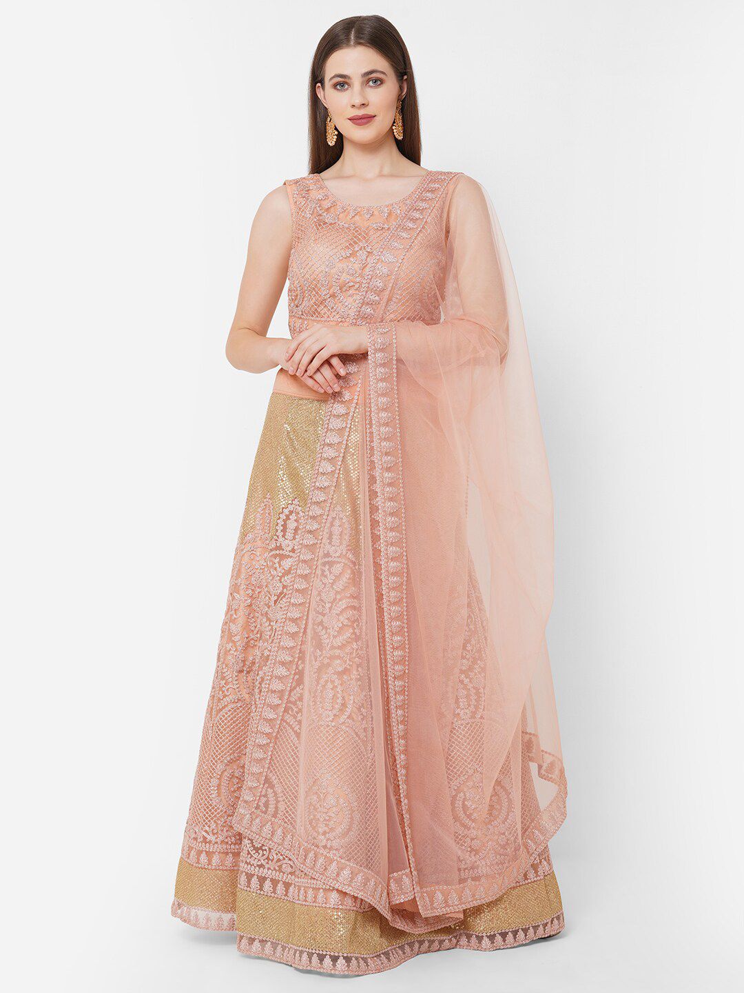 RedRound Peach-Coloured & Gold-Toned Embroidered Thread Work Semi-Stitched Lehenga & Unstitched Blouse With Price in India