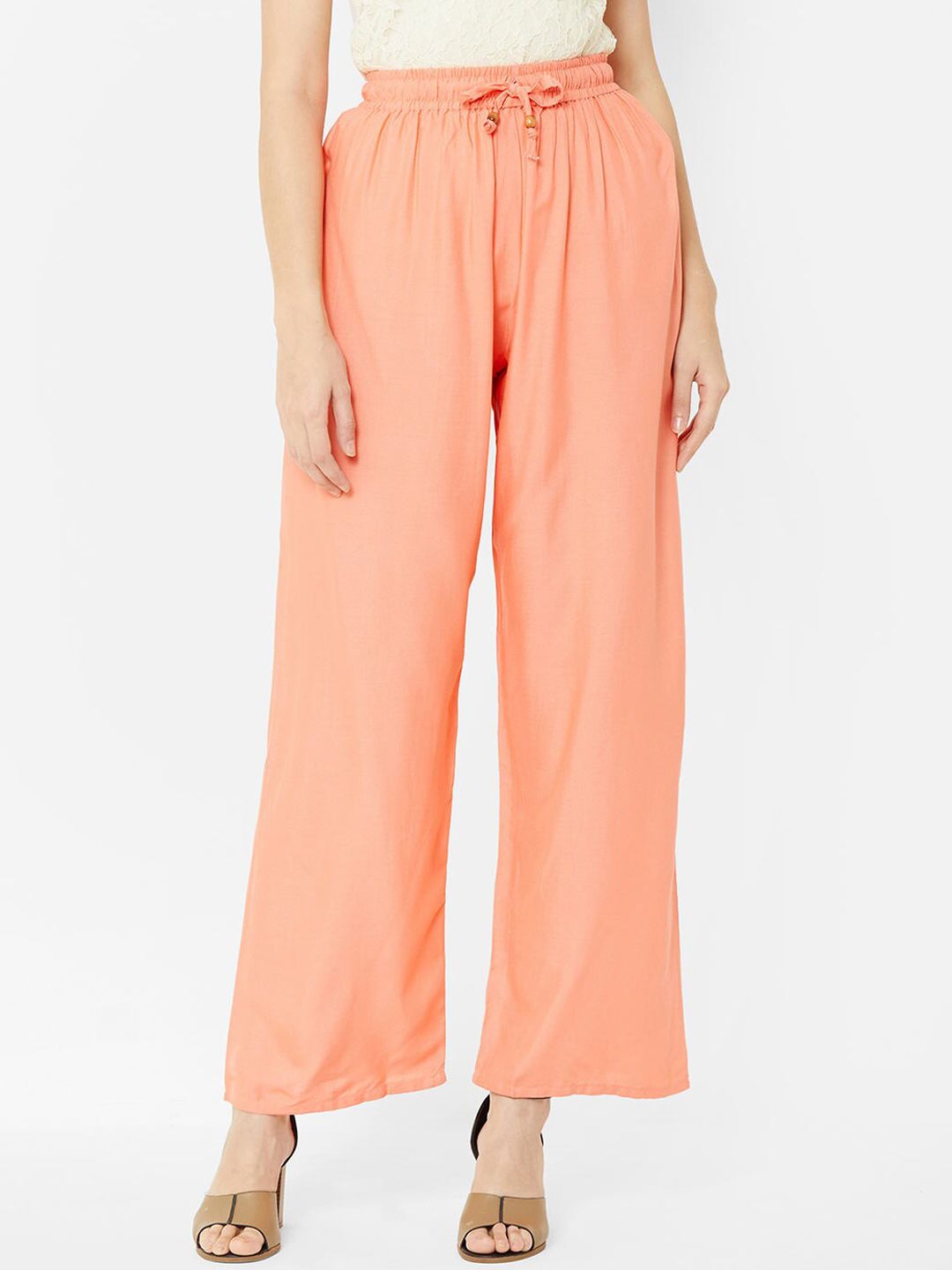 ZOLA Women Peach-Coloured Loose Fit Pleated Parallel Trousers Price in India
