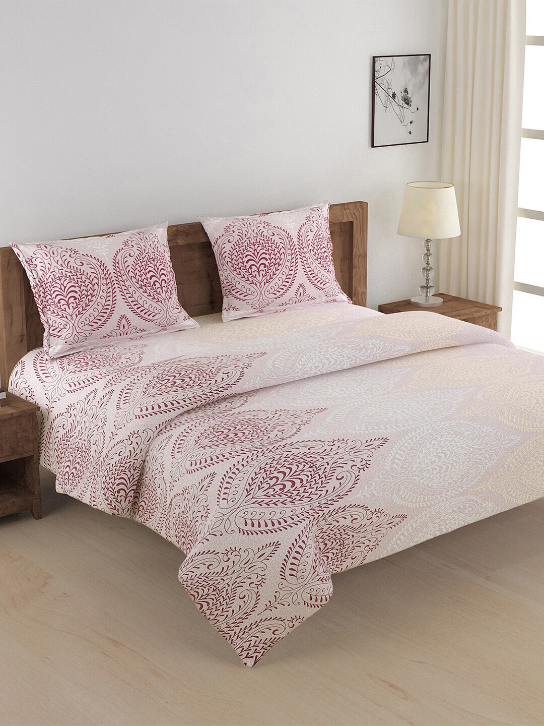 SWAYAM Pink & White Printed Cotton Double King Bedding Set Price in India