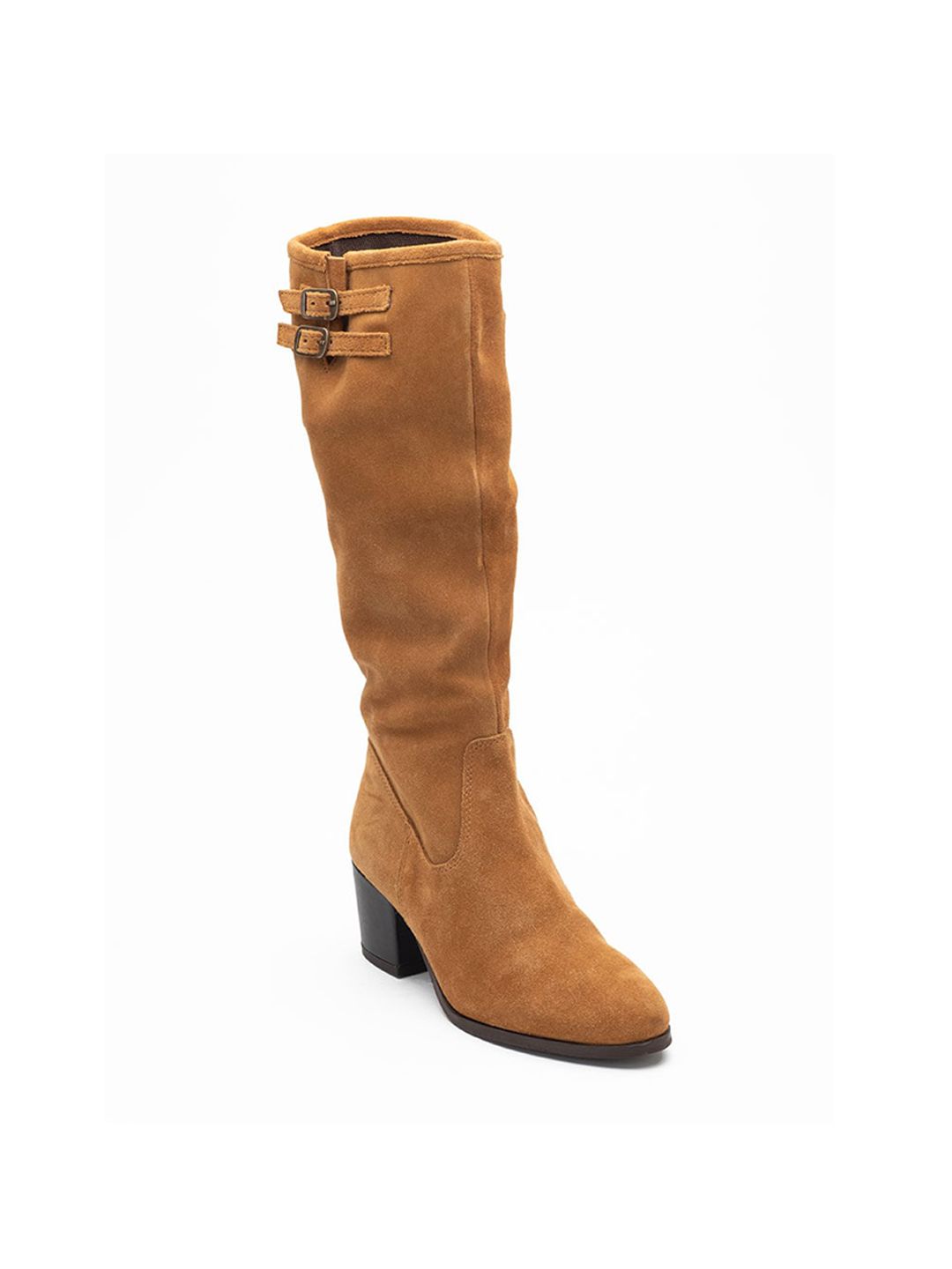 Heel & Buckle London Tan Block Heeled Boots with Buckles Price in India