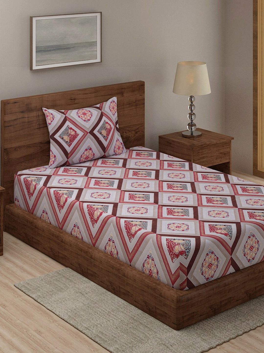 TAG 7 Grey & Red Floral Printed 210 TC Single Bedsheet with 1 Pillow Covers Price in India