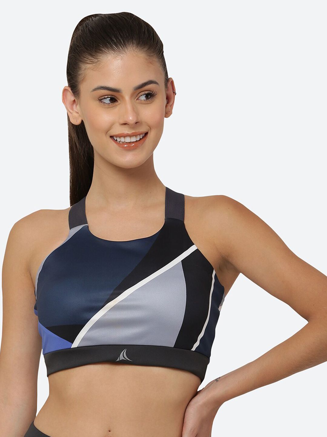 FITLEASURE Women Grey & Blue Colourblocked Yoga Sports Bra WBT02011_S_Grey Price in India