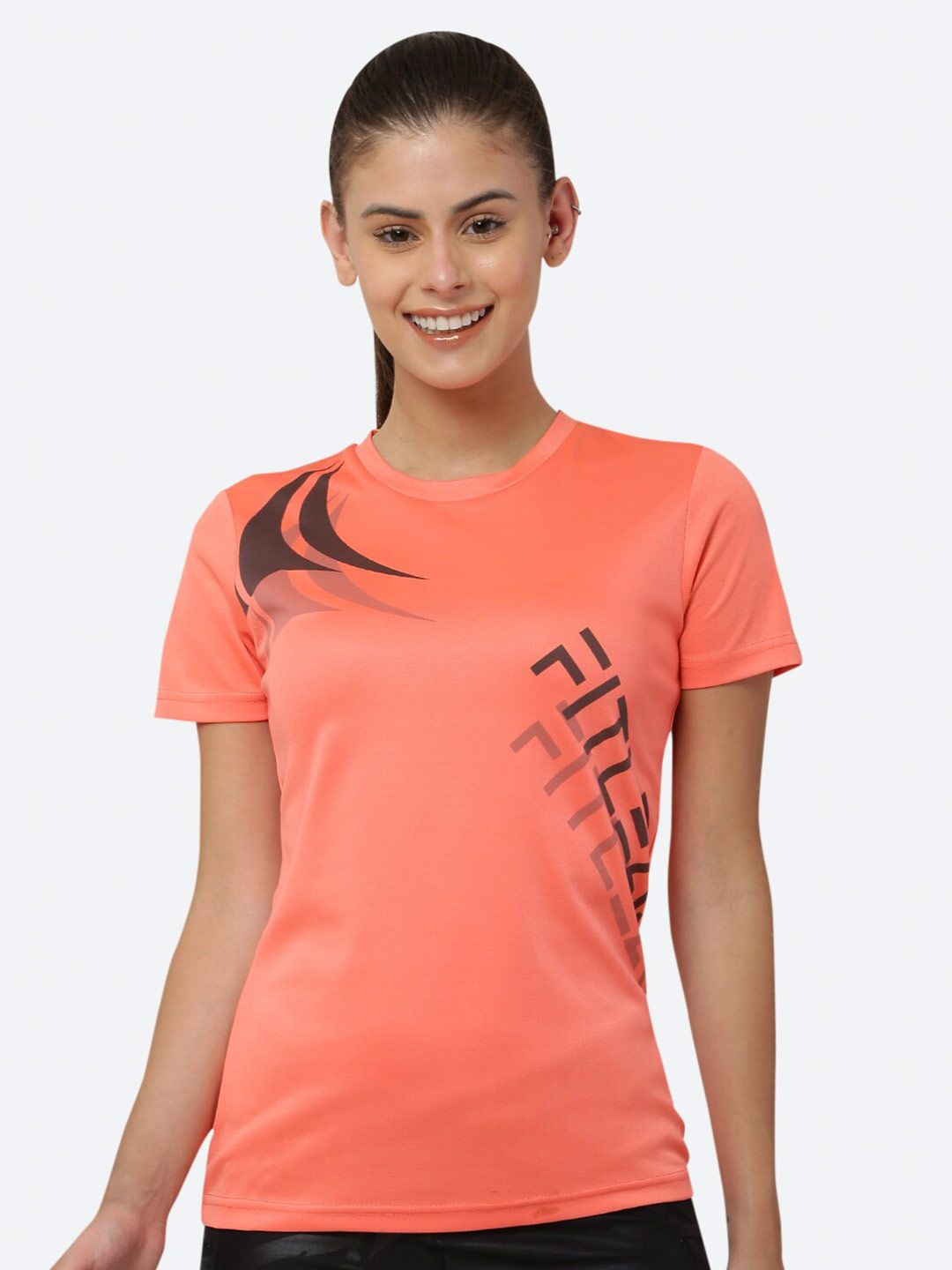 FITLEASURE Women Peach-Coloured Printed Workout & Training T-shirt Price in India