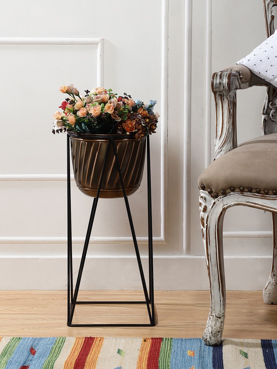The Decor Mart Gold-Toned & Brown Solid Metal Planter With Stand Price in India