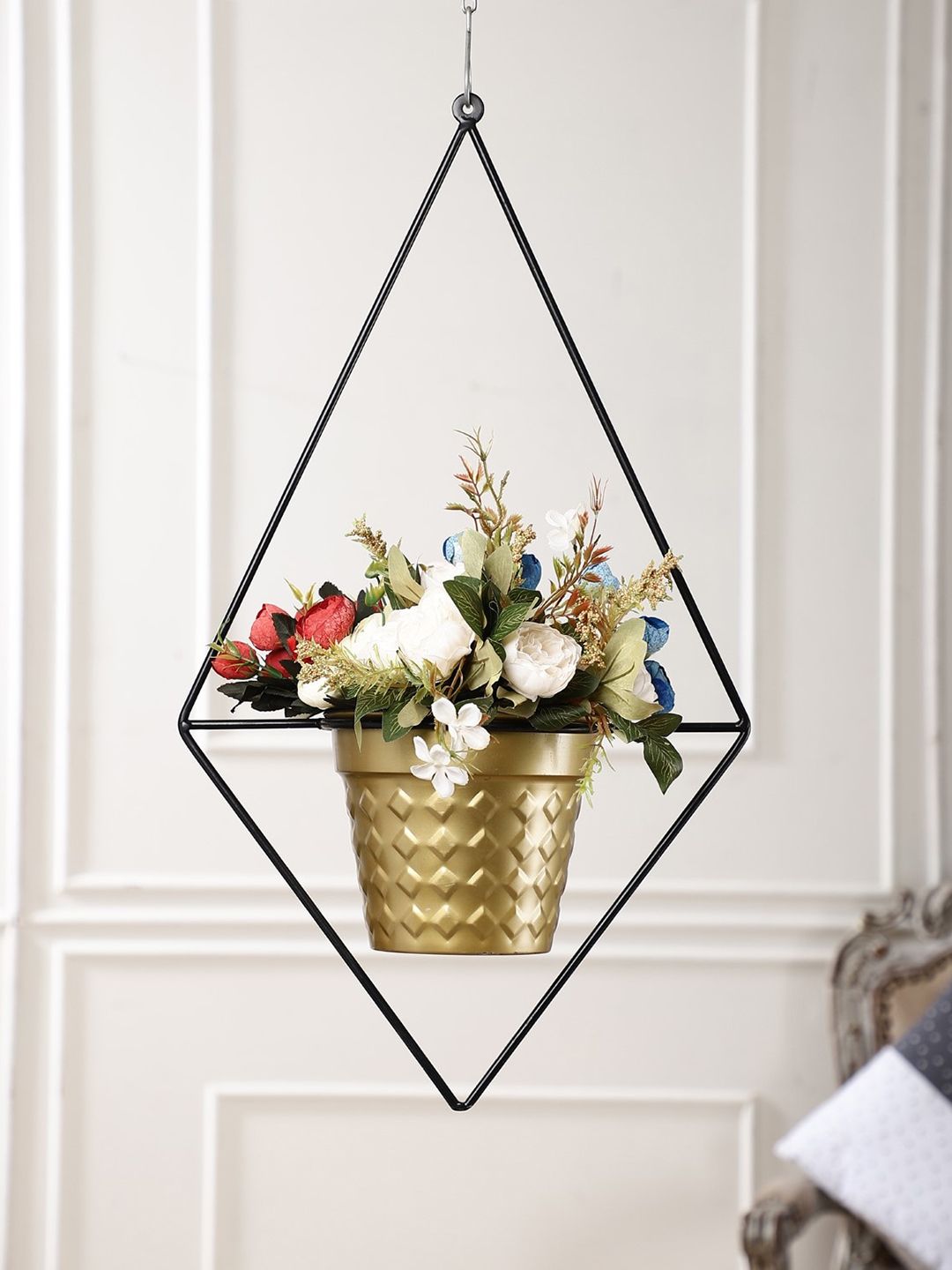 The Decor Mart Gold-Toned & Black Hanging Metal Planter With Chain Price in India