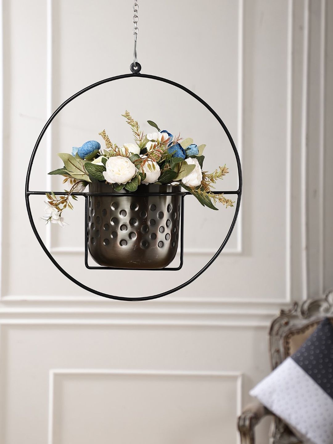 The Decor Mart Brown & Black Textured Hanging Metal Planter With Chain Price in India