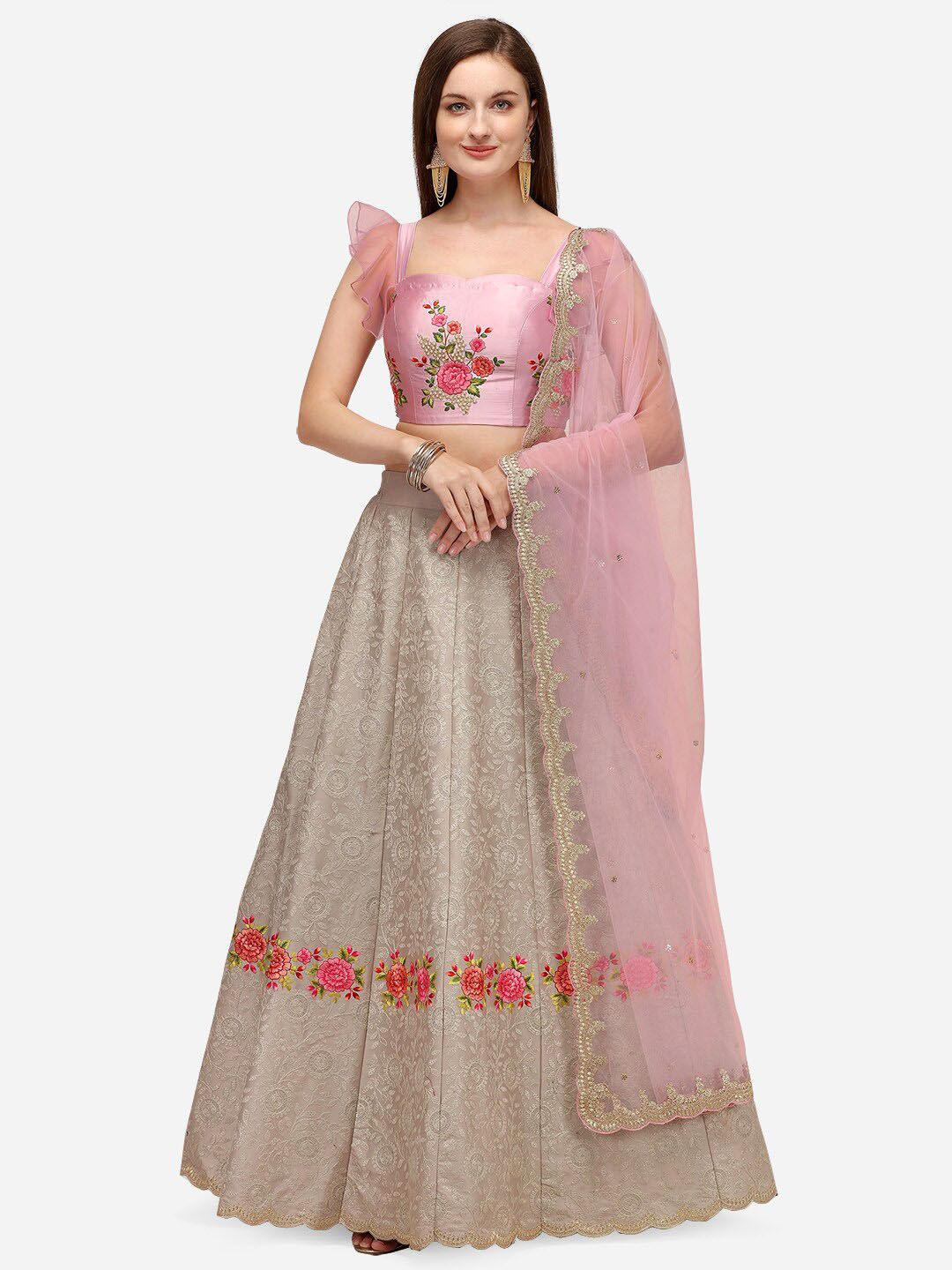 NAKKASHI Grey & Pink Embroidered Semi-Stitched Lehenga & Unstitched Blouse With Dupatta Price in India