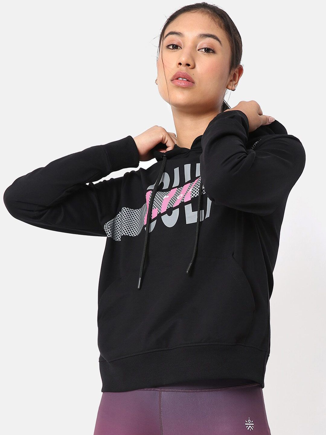 Cultsport Women Black Printed Hooded Cotton Blend Sweatshirt Price in India