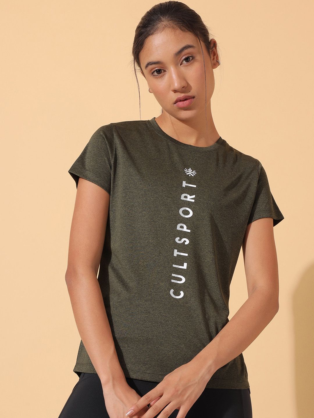 Cultsport Women Olive Green Brand Logo Printed Running T-shirt Price in India