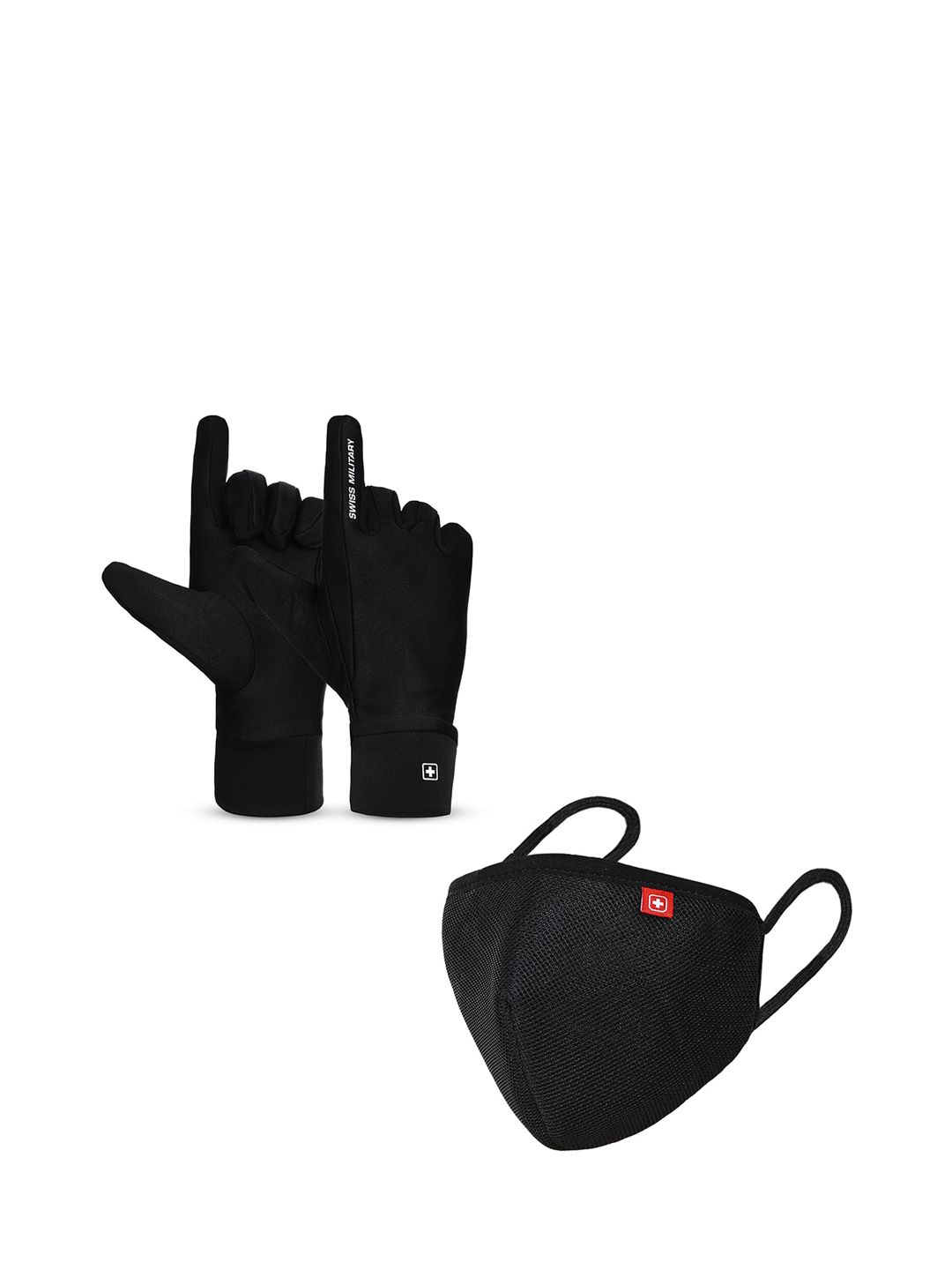 SWISS MILITARY Black Set of 2 Reusable Anti-Bacterial Gloves & 3 Ply Face Mask Price in India