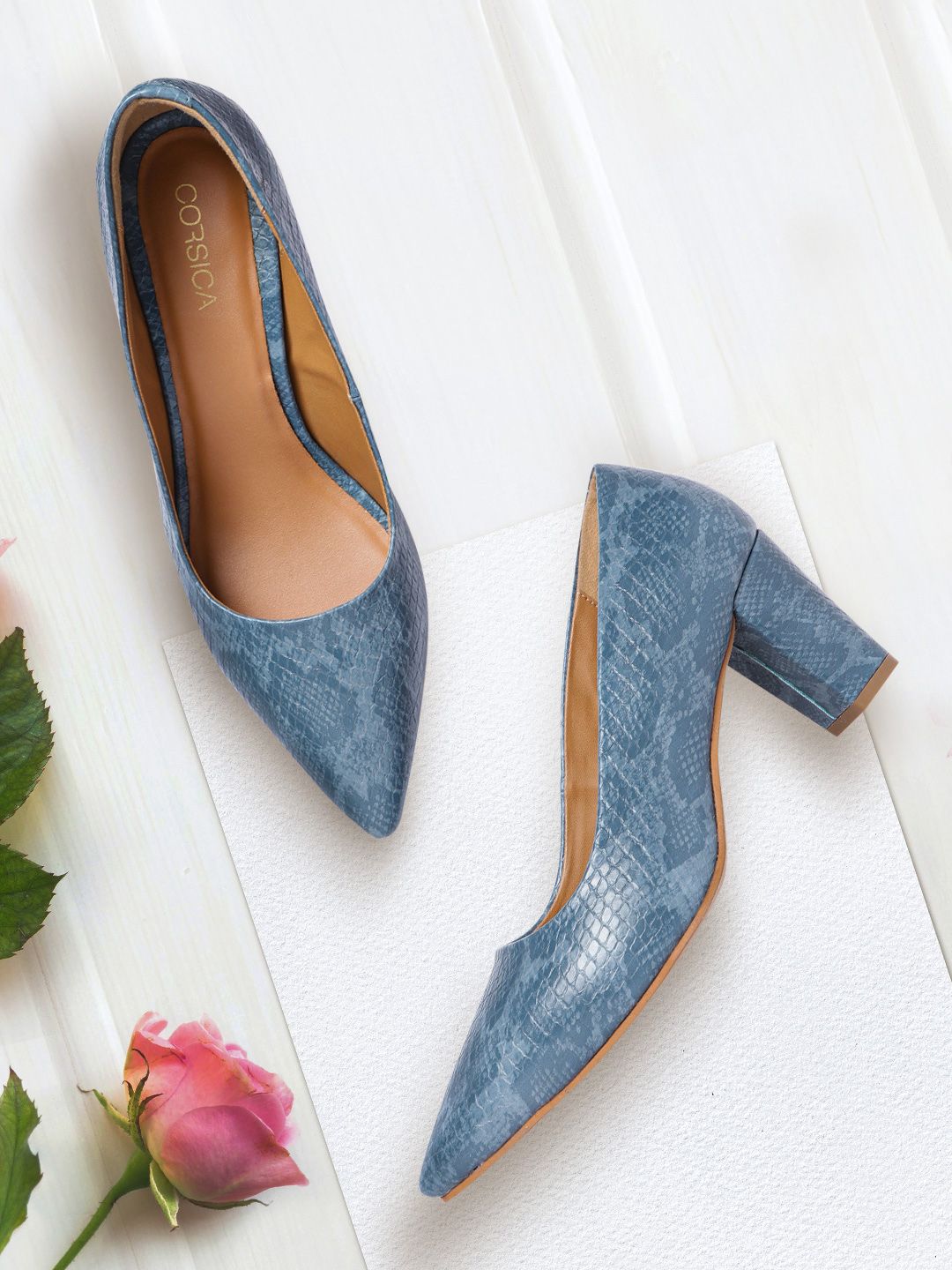 CORSICA Blue Snakeskin Textured Block Pumps Price in India