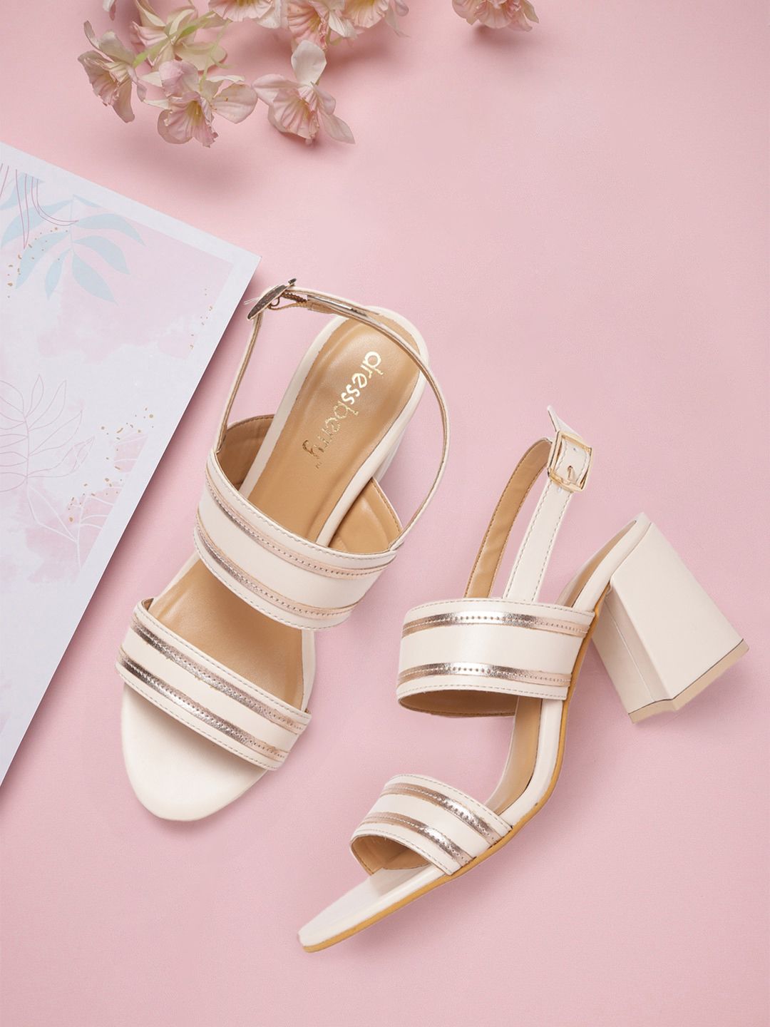 DressBerry Beige & Rose Gold-Toned Striped Block Heels Price in India