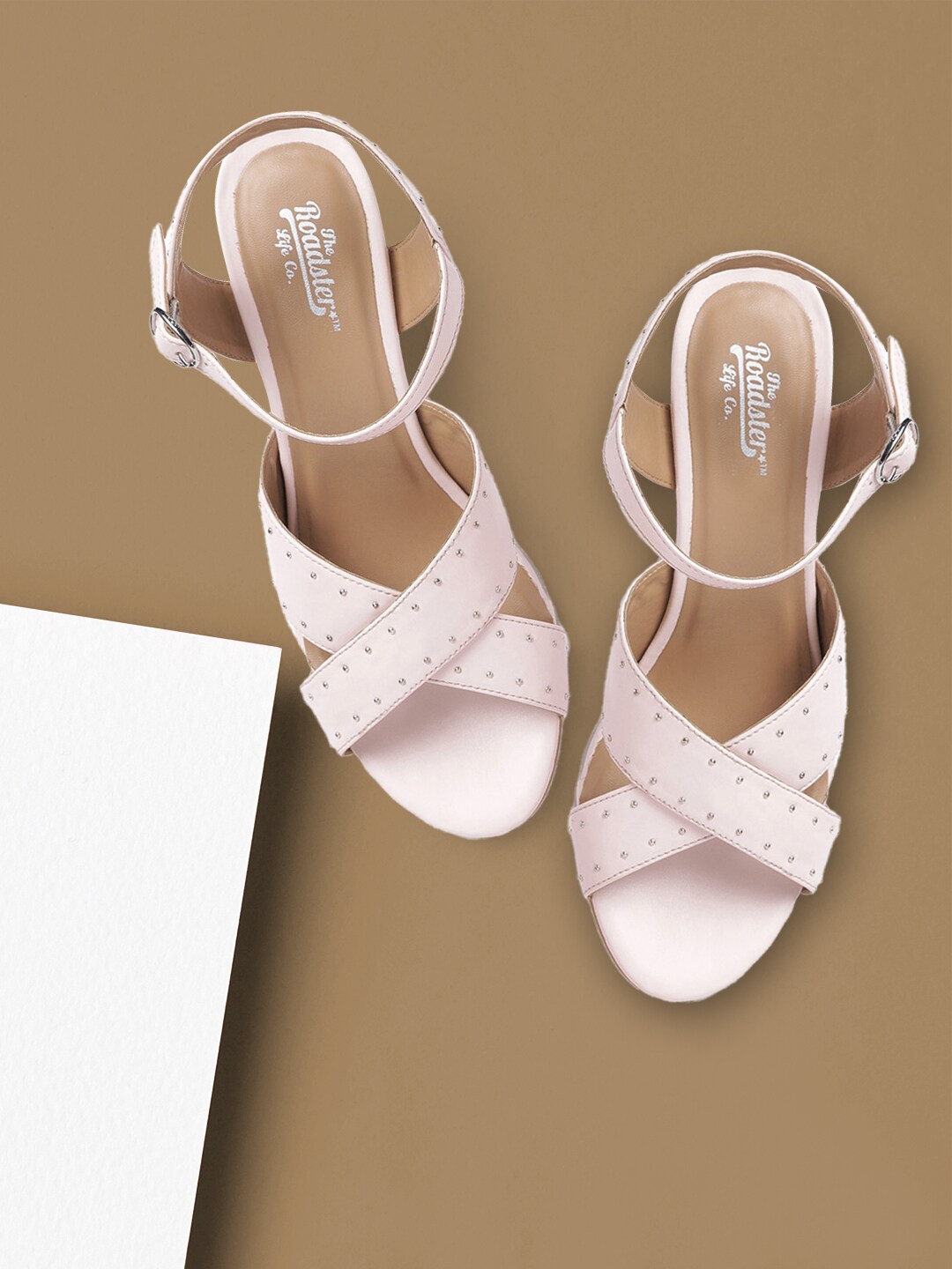 The Roadster Lifestyle Co Women Light Pink & Silver-Toned Embellished Block Heels Price in India