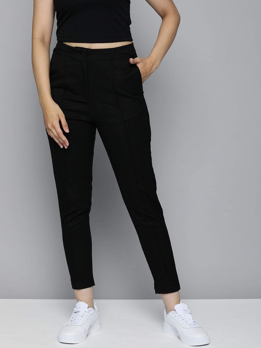 Mast & Harbour Women Black Slim Fit Crop Trousers Price in India