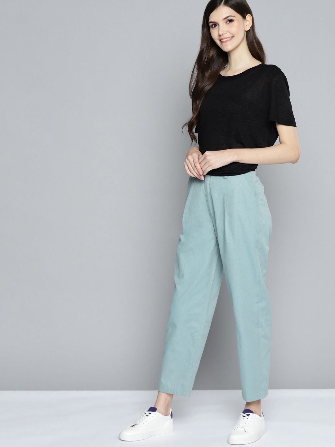 Mast & Harbour Women Sage Blue Pleated Trousers Price in India