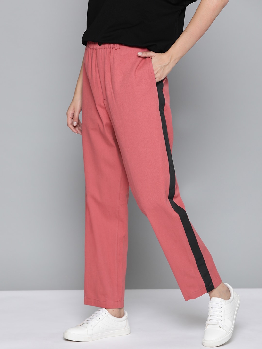 Mast & Harbour Women Coral Pink Pure Cotton Trousers Price in India