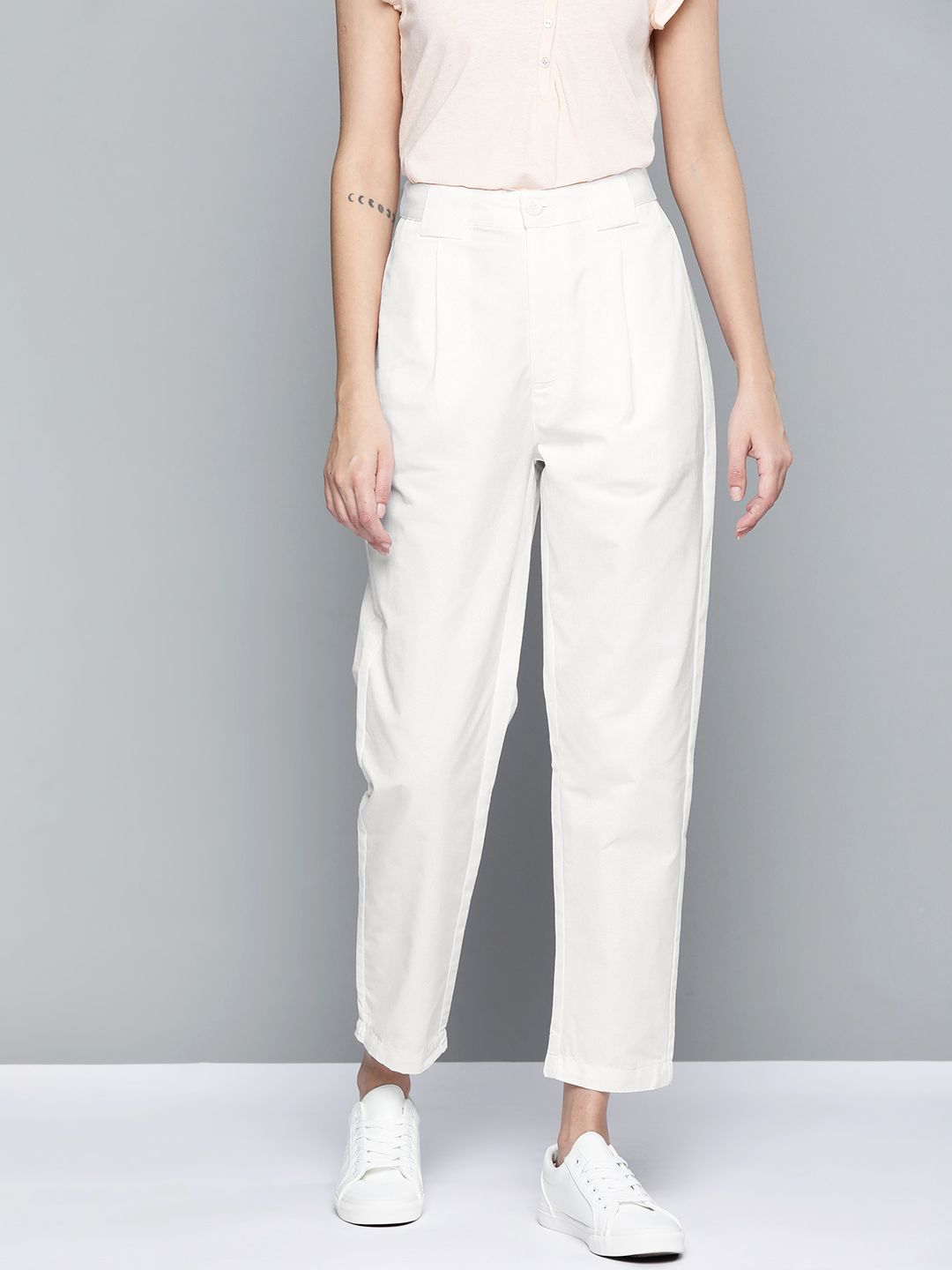 Mast & Harbour Women White Pleated Chinos Trousers Price in India