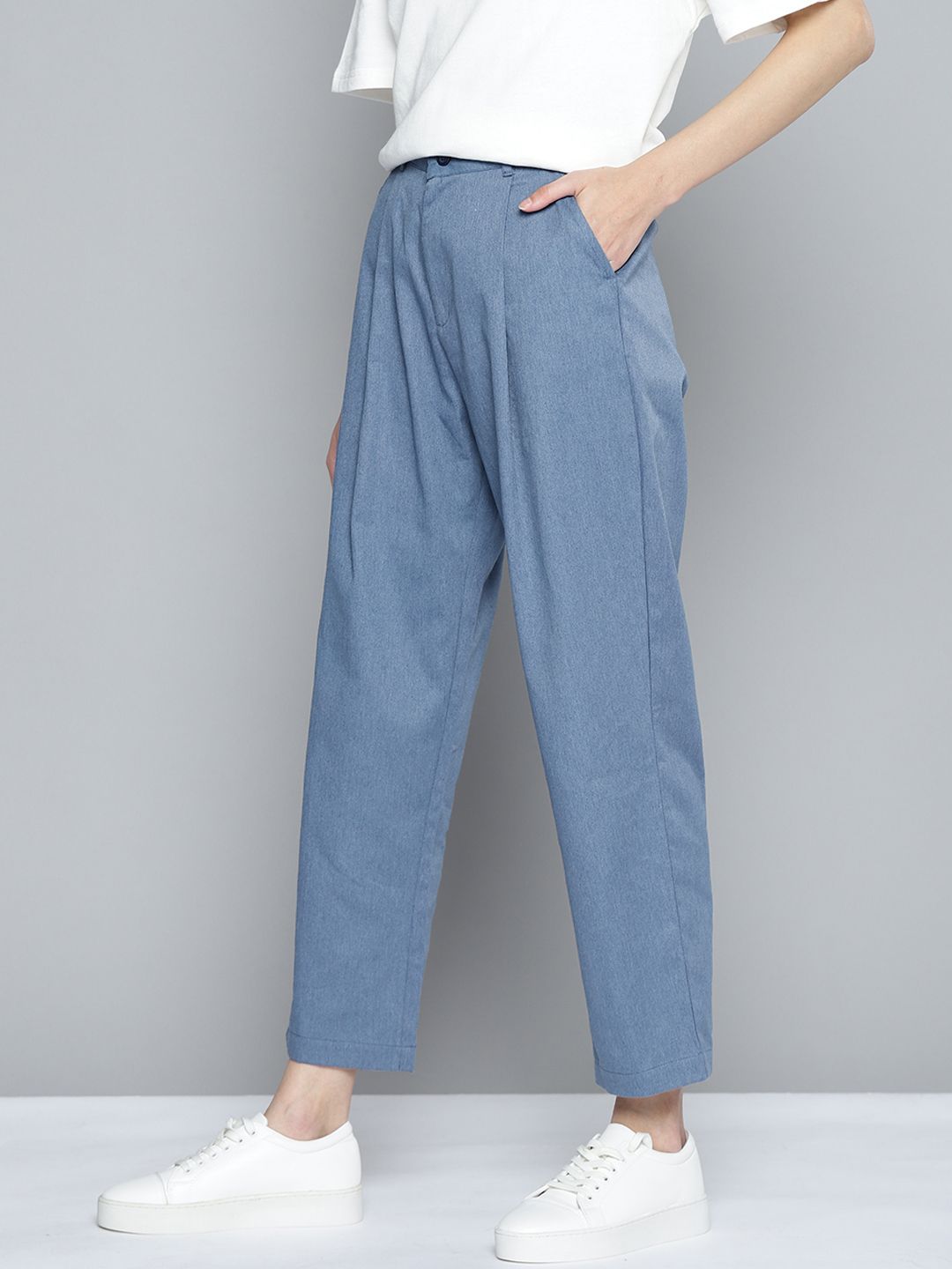Mast & Harbour Women Blue Pleated Trousers Price in India