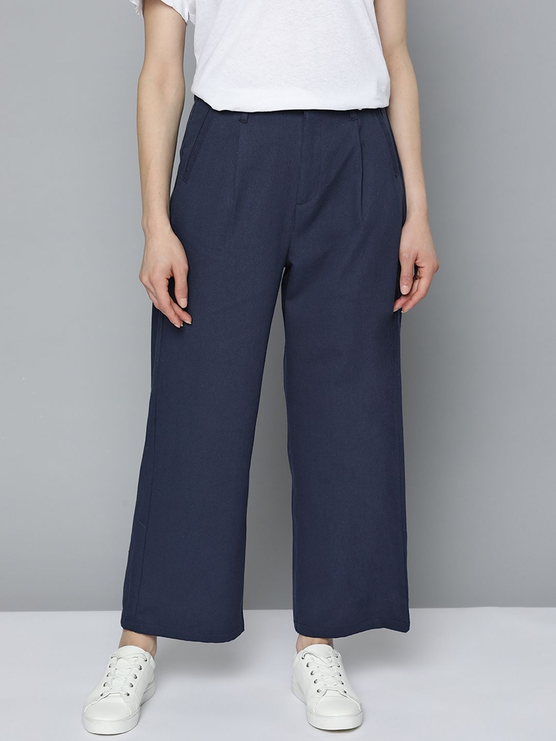 Mast & Harbour Women Navy Blue Pure Cotton Solid Trousers Price in India
